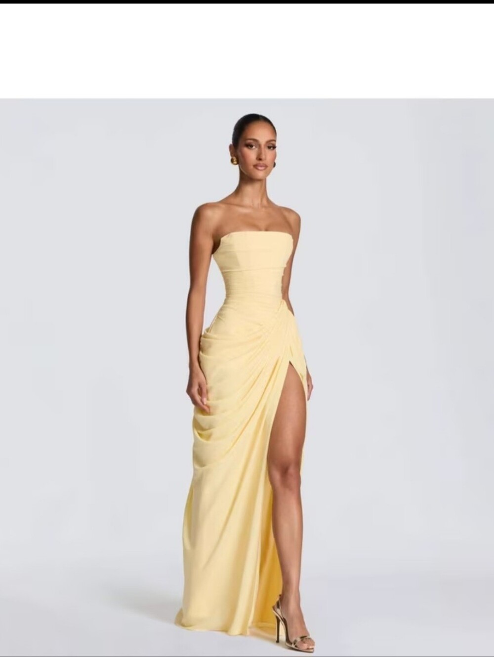 Strapless Pale Yellow Draped Evening Gown with High Side Slit